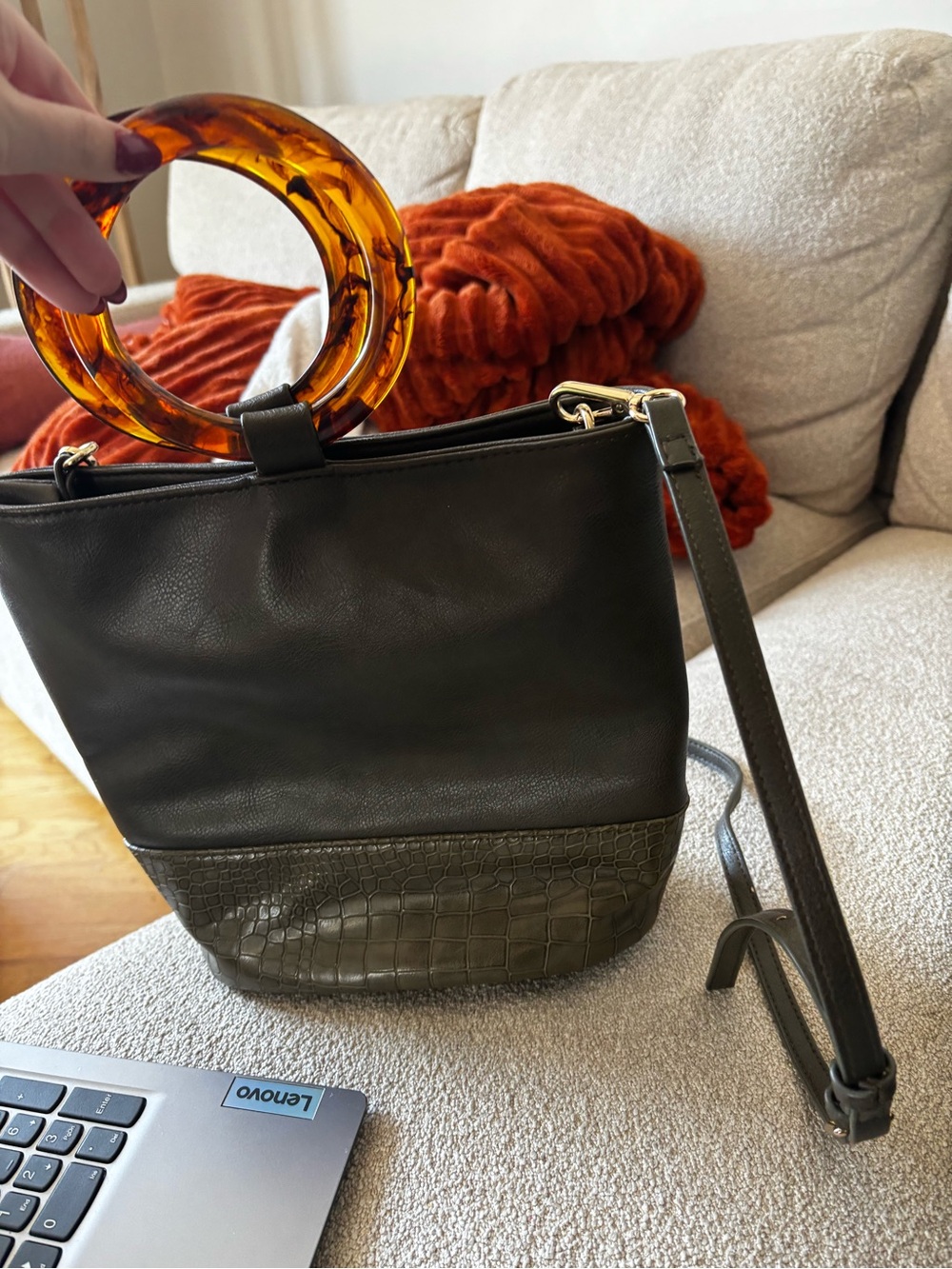 Free People Olive Green Women's Bucket Bag with Tortoiseshell Handle